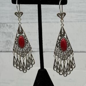 DGS Turkey 925 Sterling Silver Filigree Carnelian Dangle Earrings 16.4 grams